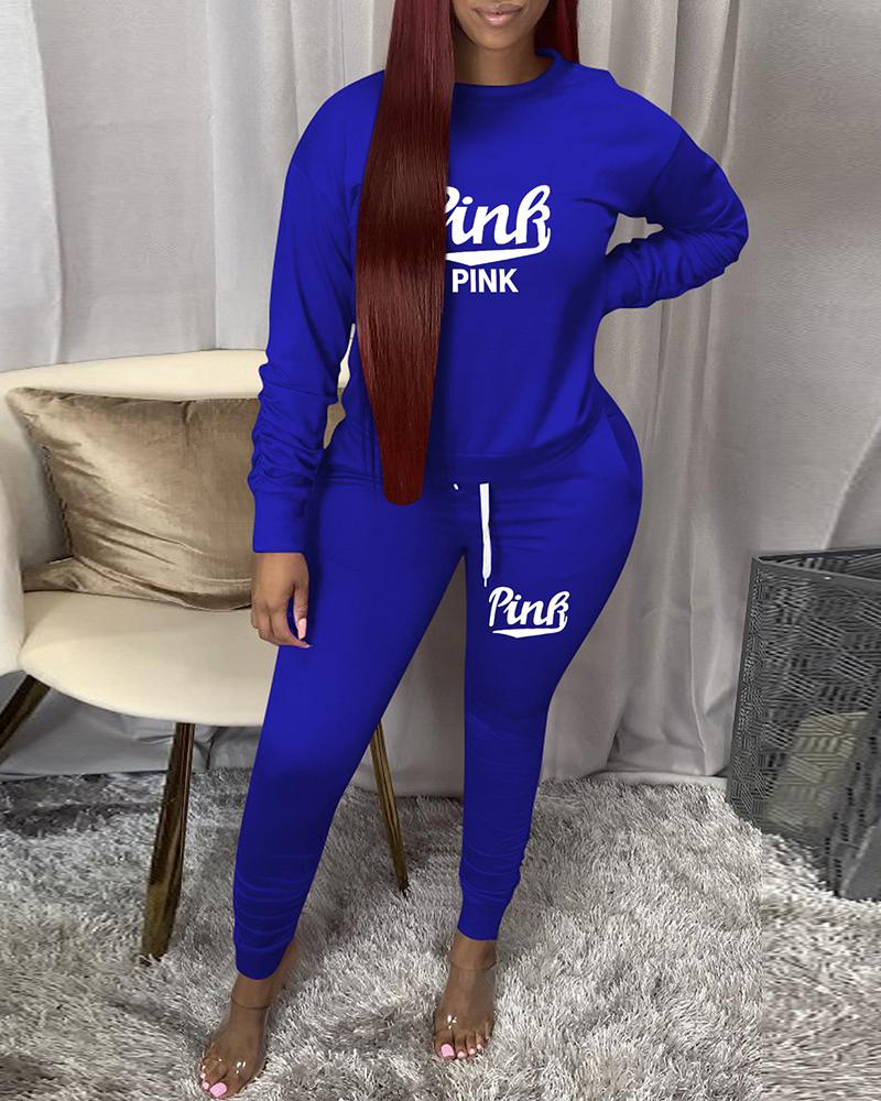 

Letter Print Long Sleeve Top & Drawstring Pants Set, Dark blue