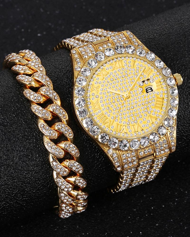 2pcs Rhinestone Decor Quartz Watch & Chain Bracelet Set