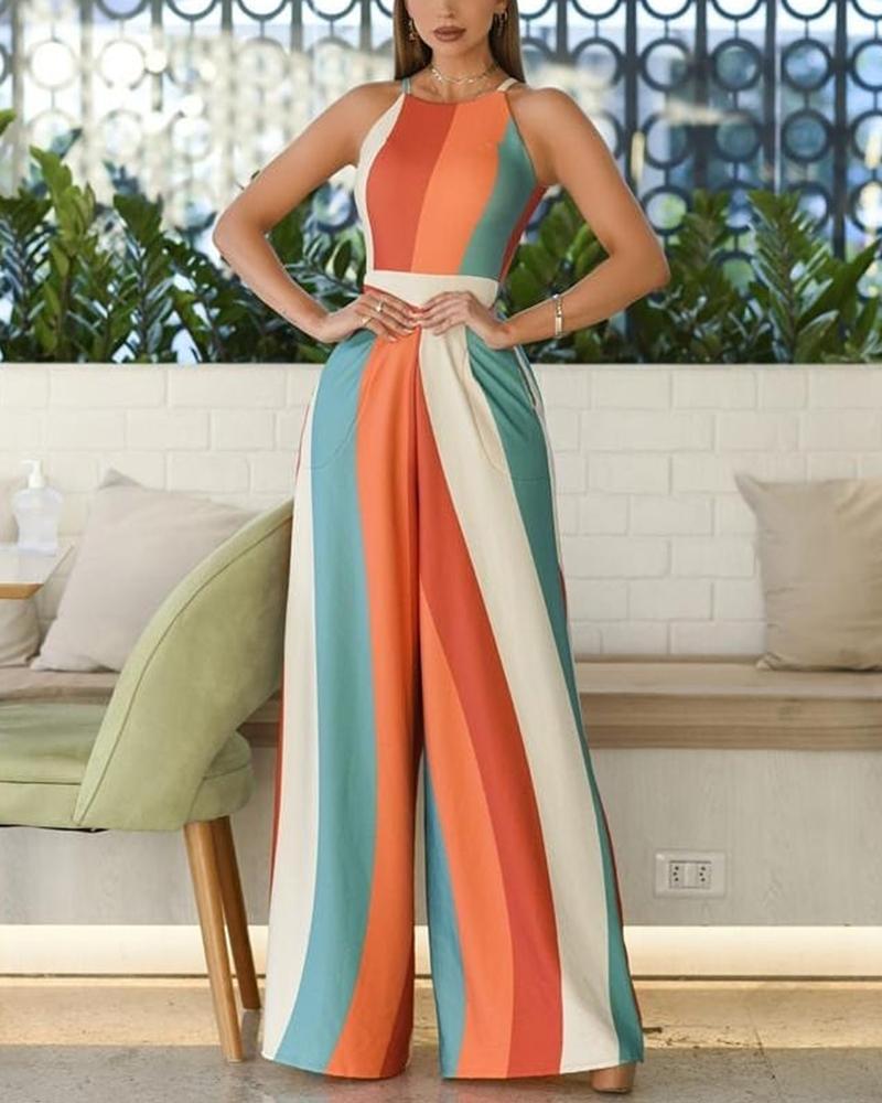 

Colorblock Striped Sleeveless Wide Leg Jumpsuit, Multicolor