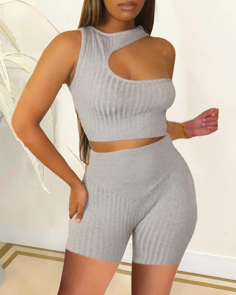

Cutout One Shoulder Ribbed Crop Top & High Waisted Shorts Set, Gray