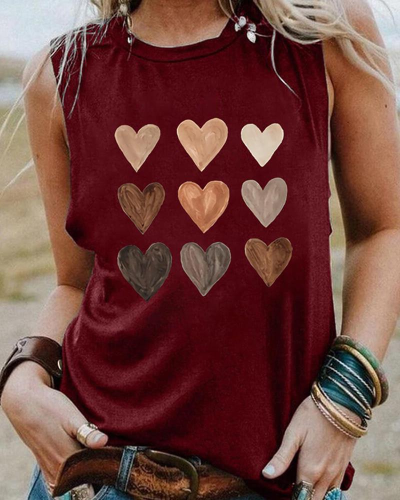 

Heart Print Sleeveless O-neck Tank Top, Wine red