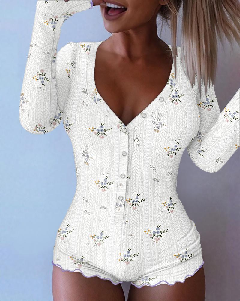 

Mono ajustado con textura de jacquard y cuello en V con botones y ribete de volantes en la parte delantera, White