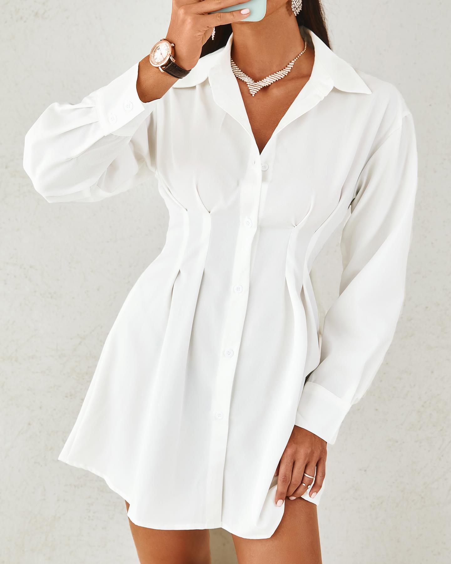 

Solid Color Long Sleeve Shirt Dress, White