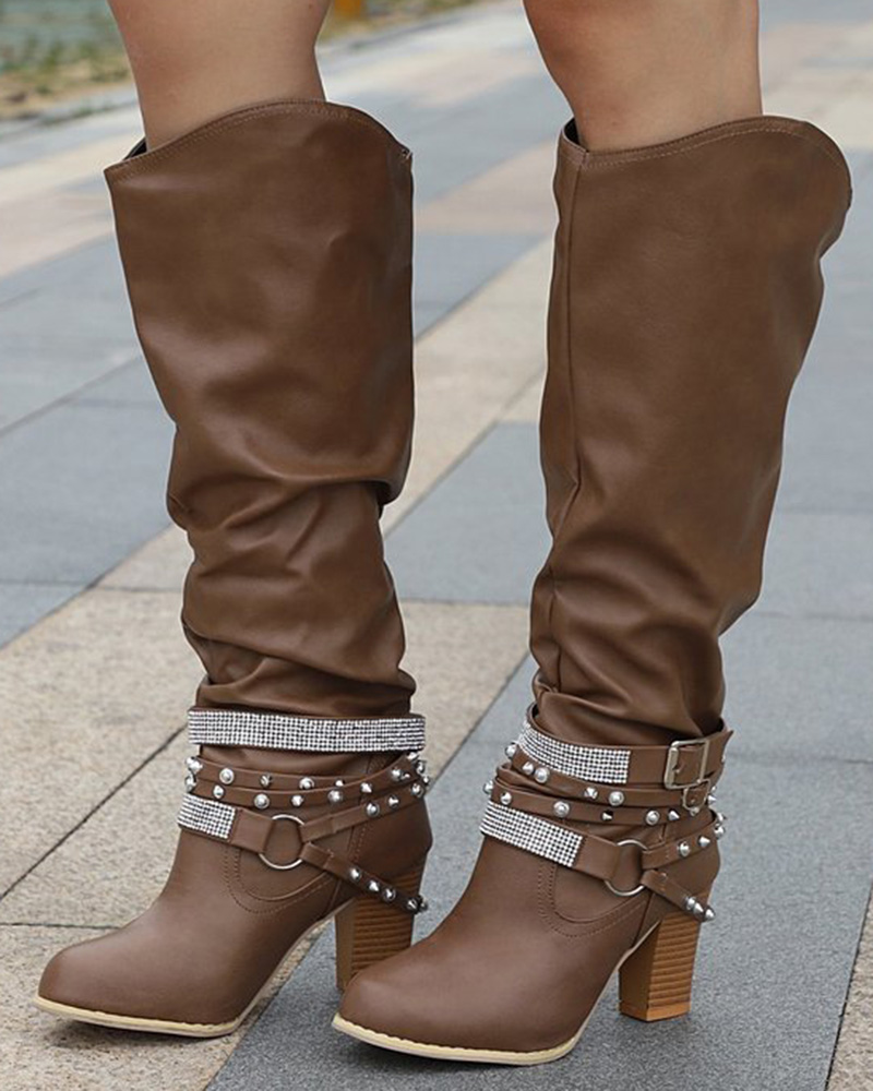 

Ruched Rhinestone Decor Studded Buckled Boots, Brown