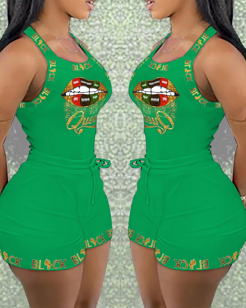 

Lip Letter Print Tank Top & Drawstring Shorts Set, Green