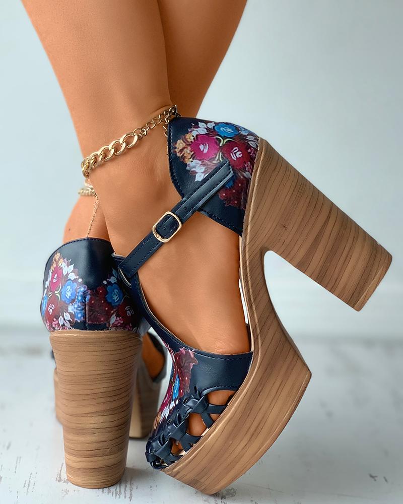 

Floral Print Cutout Platform Chunky Heels, Blue