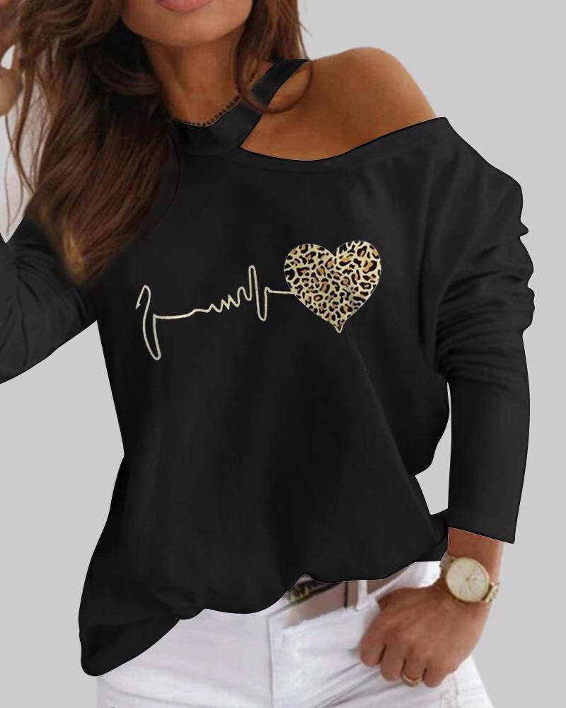 

Valentine' Day Leopard Heart Print Cold Shoulder Top, Black