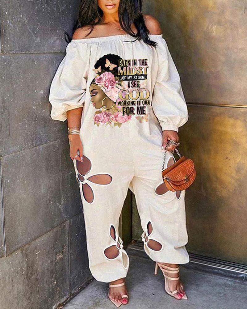 

Plus Size Figure Letter Print Off Shoulder Cutout Jumpsuit, Khaki