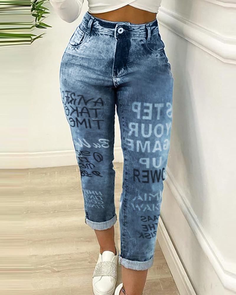 

Letter Print Pocket Button Design Jeans, Blue
