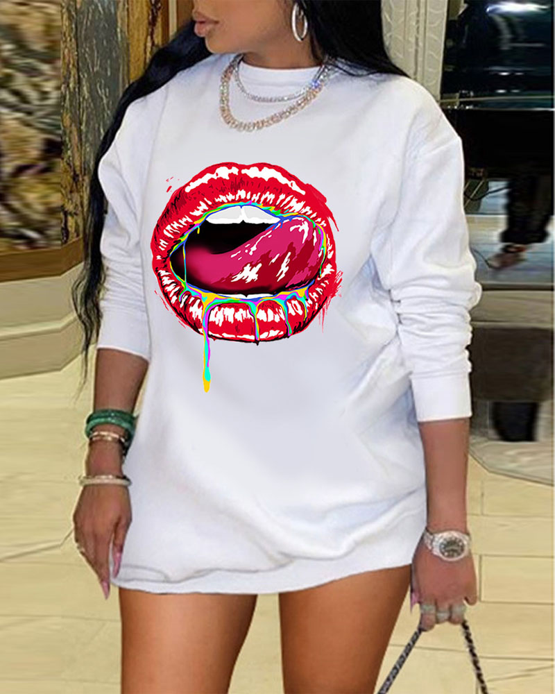 

Lip Print Long Sleeve Sweatshirt Dress, White