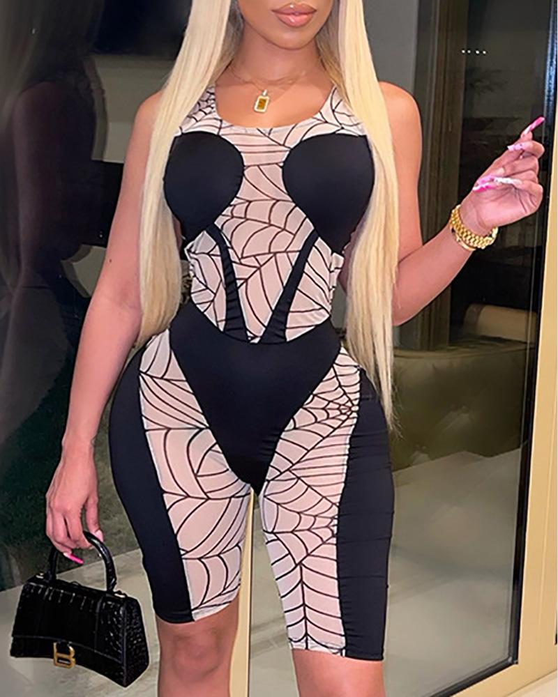 

Spider Web Pattern Sheer Mesh Patch Sleeveless Romper, Apricot