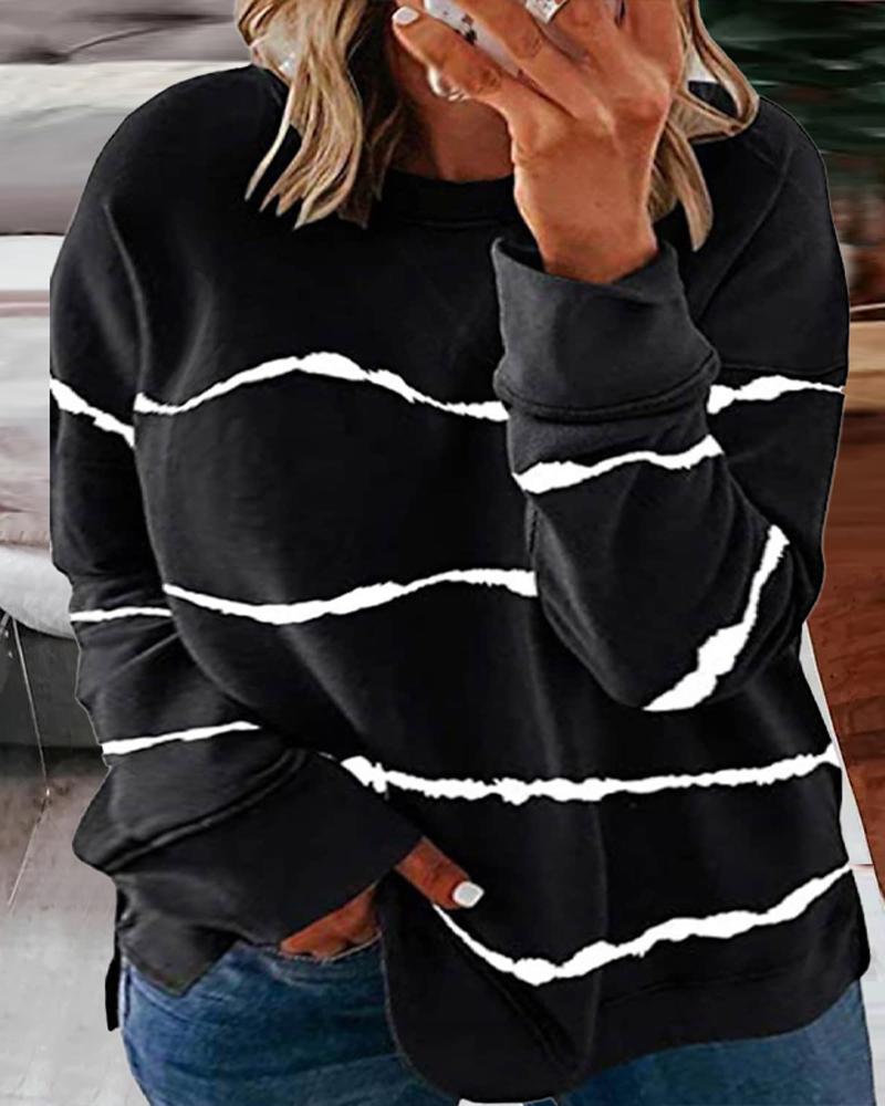 

Plus Size Striped Print Long Sleeve Casual Top, Black