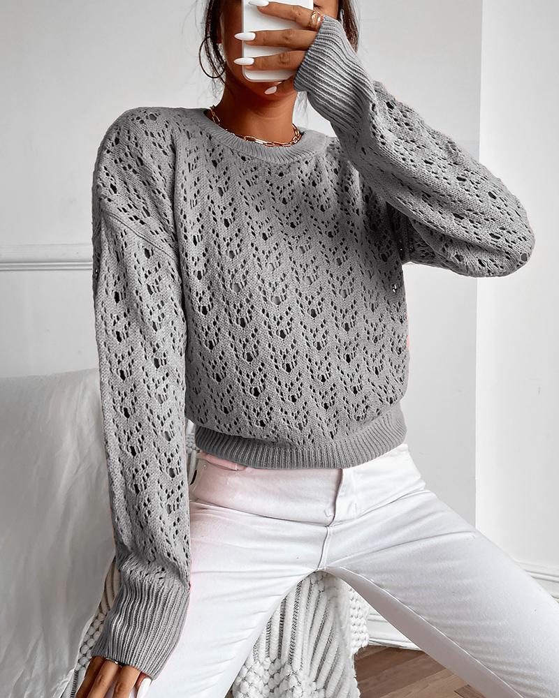 

Knit Hollowout Long Sleeve Sweater, Gray