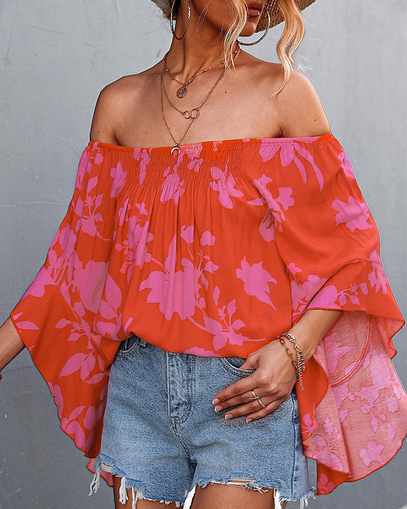 

Off Shoulder Batwing Sleeve Floral Print Top, Red