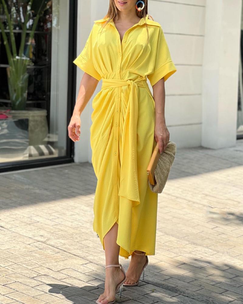 

Tied Detail Ruched Button Down Shirt Dress, Yellow