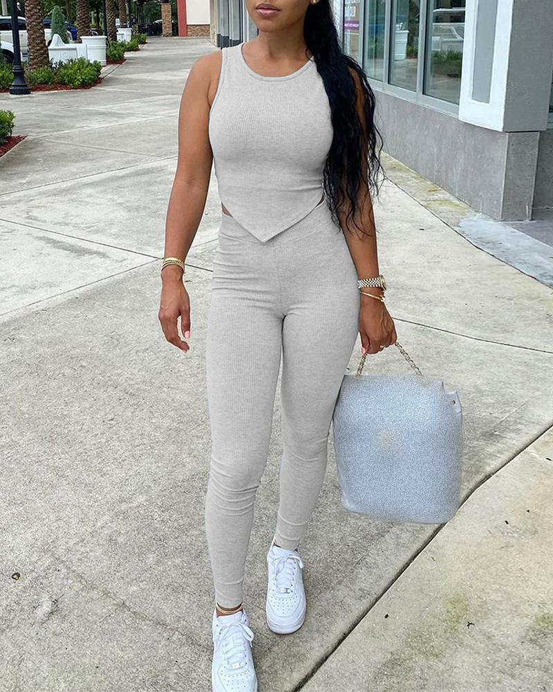 

Handkerchief Skinny Tank Top & High Waist Pants Set, Gray