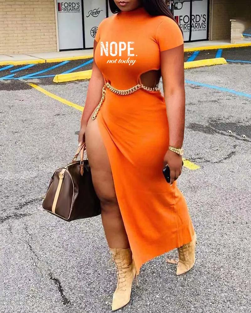 

Letter Print Cutout Chain Decor High Slit Dress, Orange