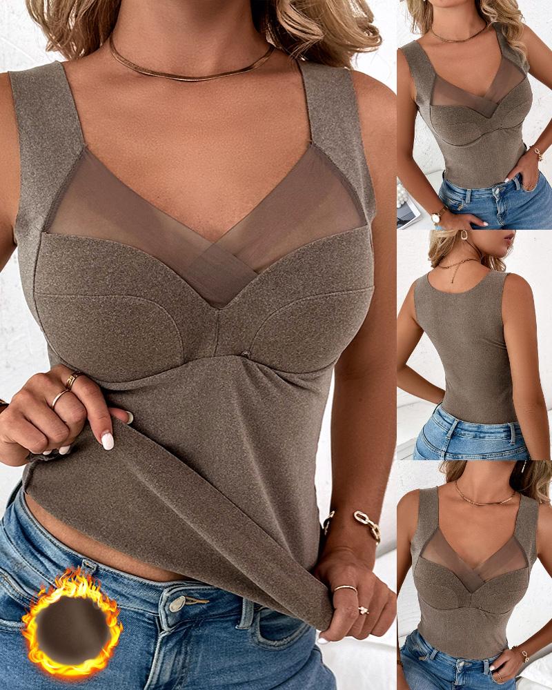 

Thermal Underwear Built-in Bra Warm Fleece Lined Tank Top, Coffee