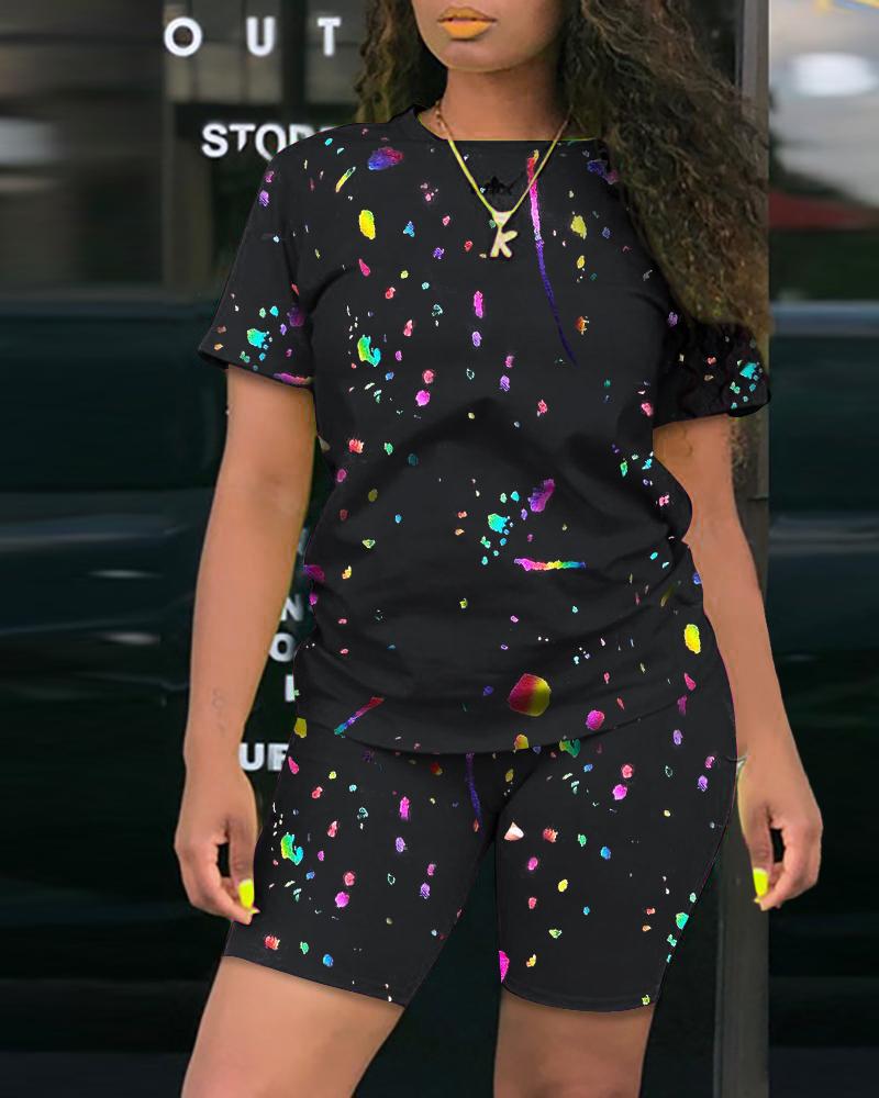 

Short Sleeve Colorblock Top & Shorts Set, Black