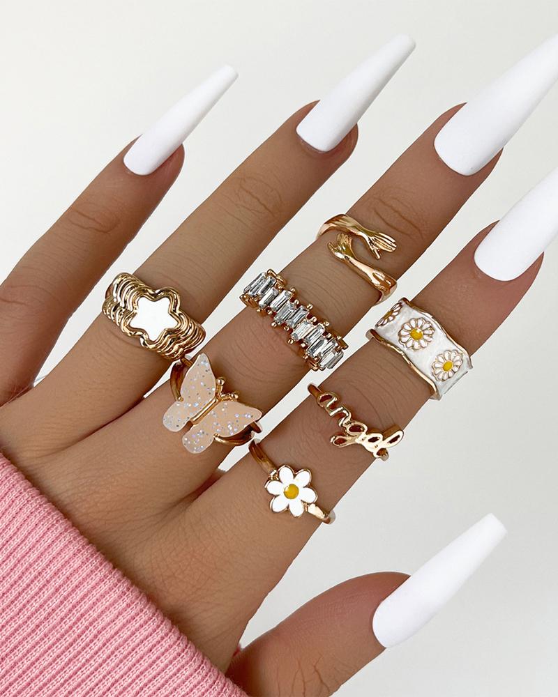 

7PCS Rhinestone Butterfly Daisy Star Pattern Ring Set, Multicolor