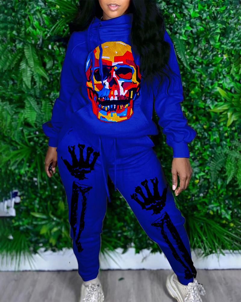 

Halloween Skull Print Drawstring Hoodie & Pants Set, Blue