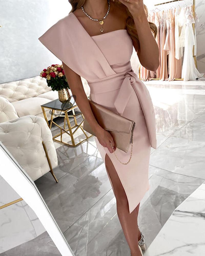 

One Shoulder Split Thigh Belted Party Dress, Pink