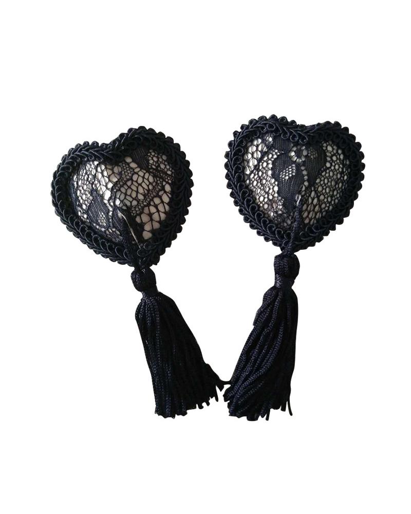 

1Pair Heart Shaped Silicone Invisible Bra Lace Tassel Pasties Reusable Self Adhesive Nipple Covers, Black