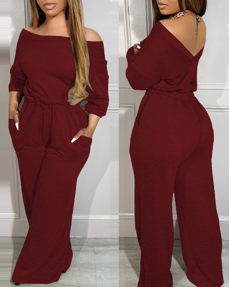 

Off Shoulder V-Back Stretchy Waist Pocket Design Jumpsuit, Red