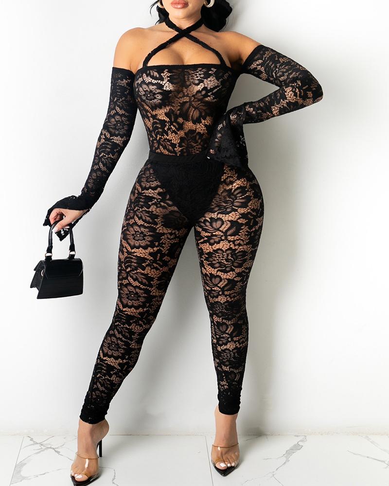 

Halter Cold Shoulder Crochet Lace Bell Sleeve Jumpsuit, Black