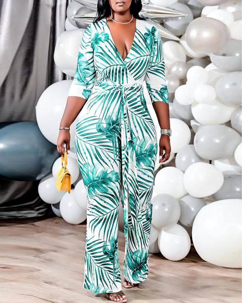 

Plus Size Tropical Print Long Sleeve Jumpsuit, Light green