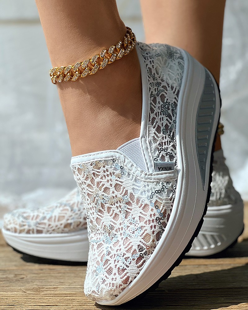 Contrast Sequin Lace Slipon Sneakers