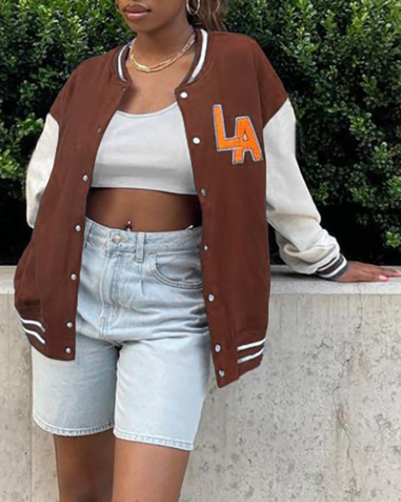 

Letter Pattern Long Sleeve Baseball Jacket, Coffee