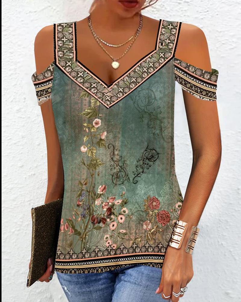 

Floral Tribal Print Cold Shoulder T-shirt, Green