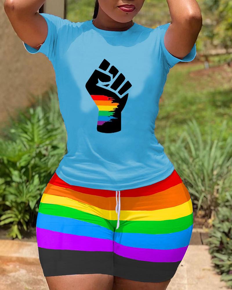 

Graphical Print Colorblock Lace Up Top & Shorts Sets, Blue