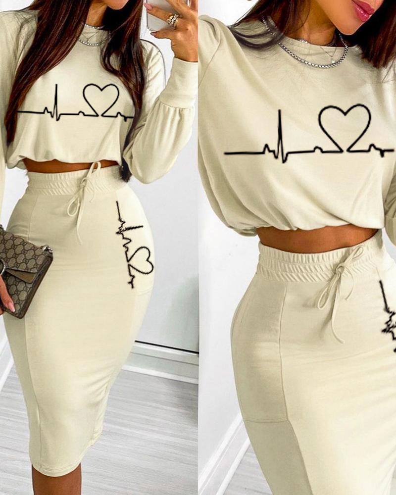 

Heart Print Crop Top & Drawstring Skirt Set, Apricot