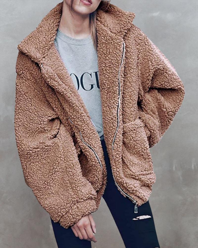 

Long Sleeve Zip Front Pocket Design Teddy Coat, Khaki