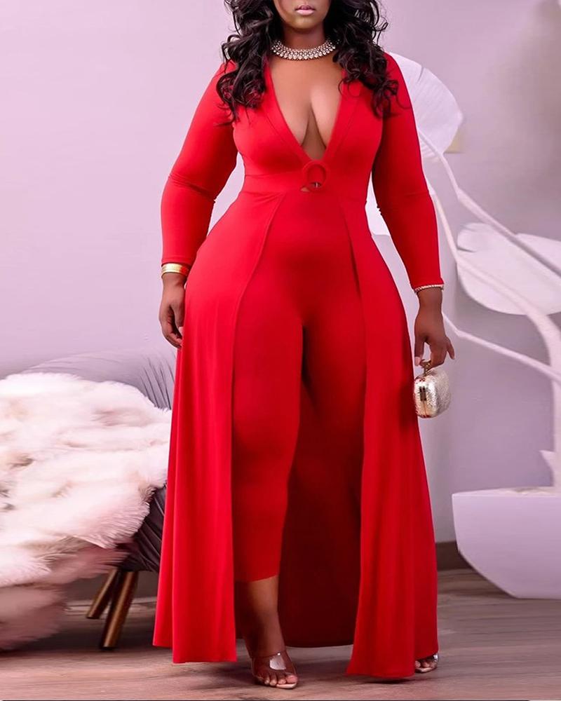 

Plus Size Long Sleeve Patchwork Overlay Jumpsuit, Red