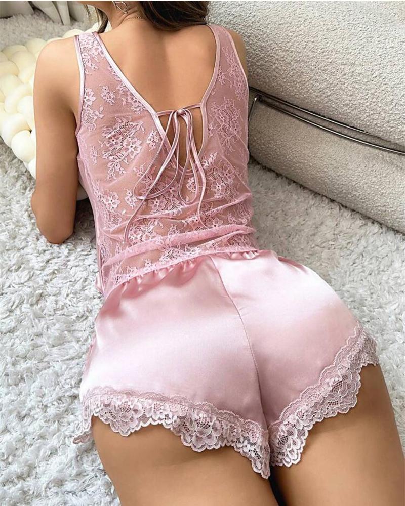 

Lace Patch Sleeveless Tied Detail Satin Pajamas Set, Pink