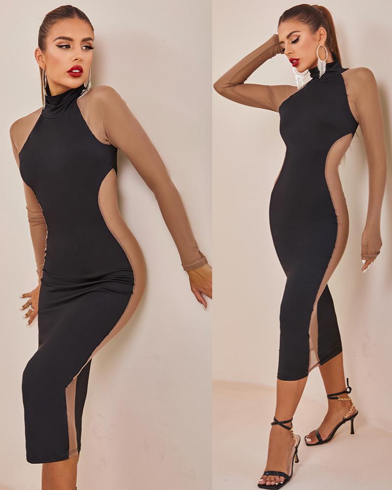 

Contrast Mesh Long Sleeve Bodycon Dress, Black
