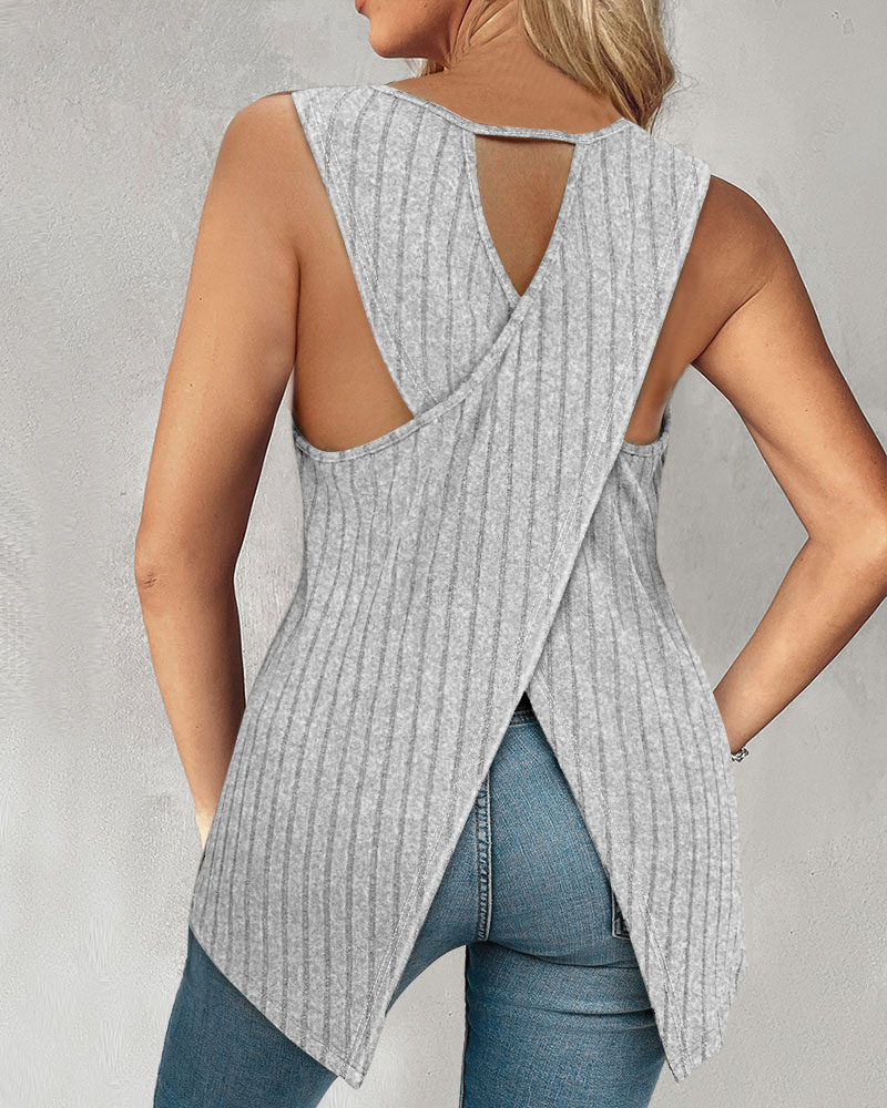 

Hollow Out Criss Cross Ribbed Tank Top, Gray