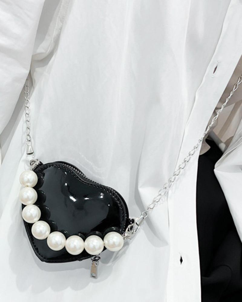 

Pearls Beaded Heart-shaped Chain Strap Crossbody Bag, Black