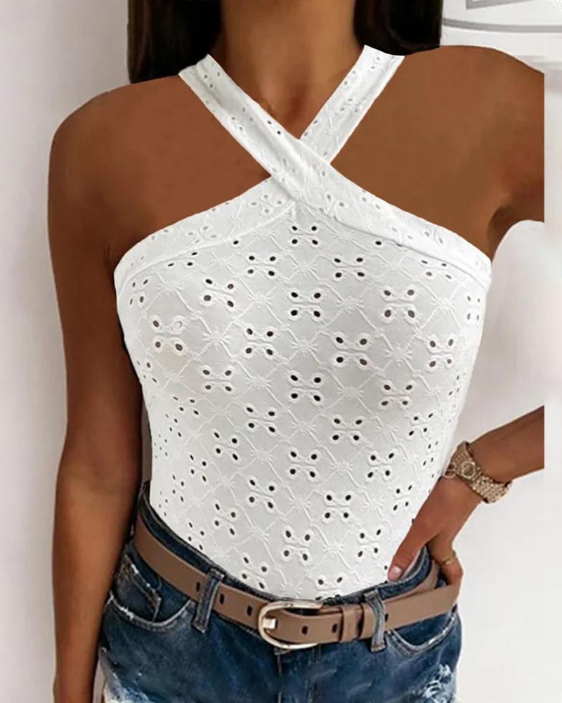 

Eyelet Embroidery V-Neck Sleeveless Tank Top, White