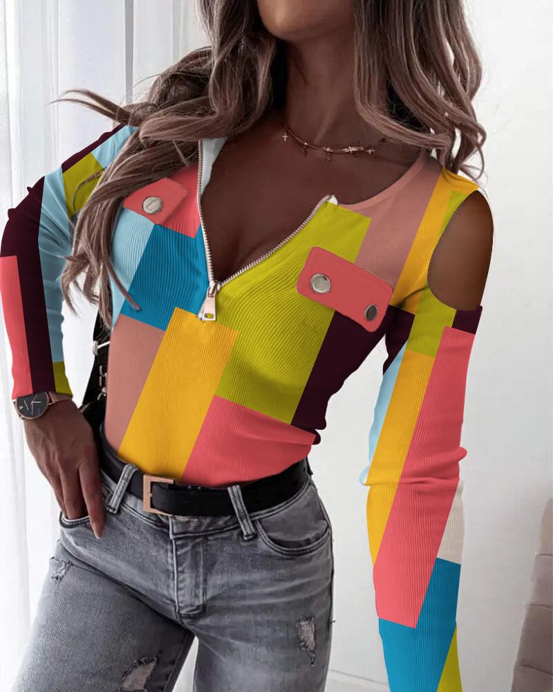 

Geometric Print Zip Front Cold Shoulder Ribbed Top, Multicolor