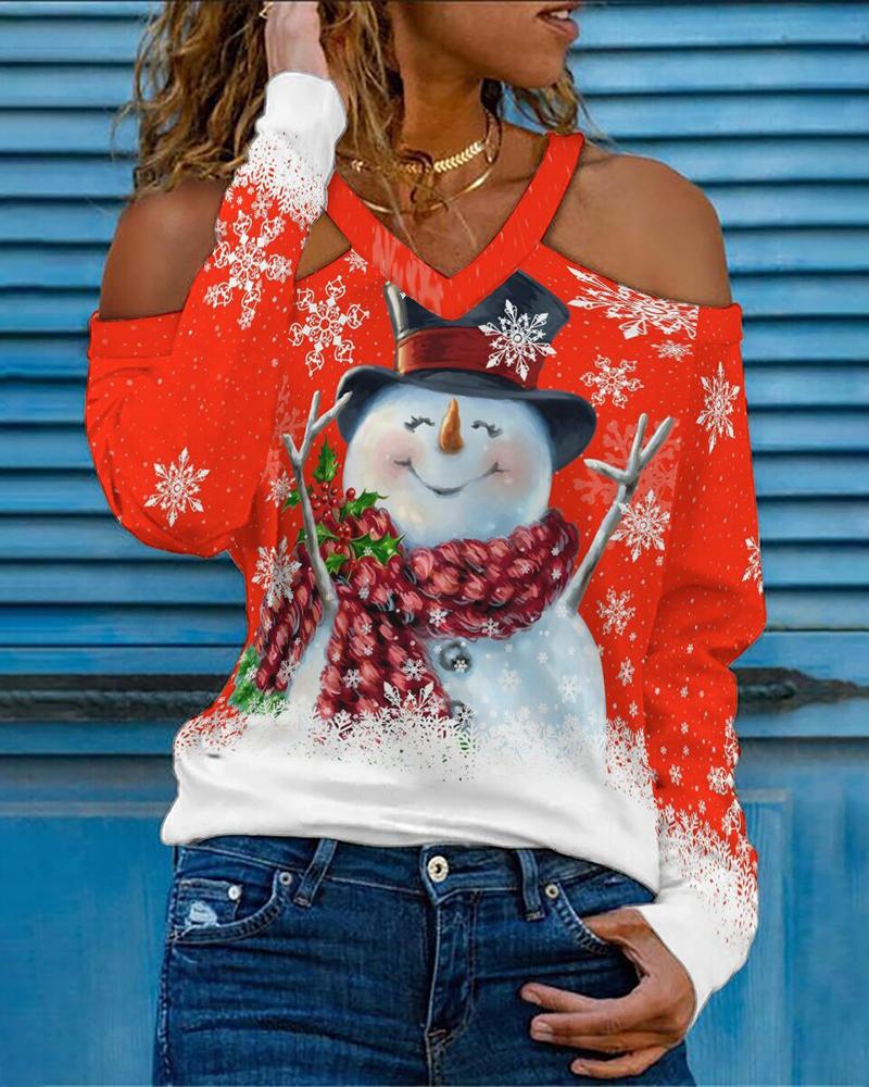 

Christmas Cold Shoulder Snowflake Snowman Print Top, Red