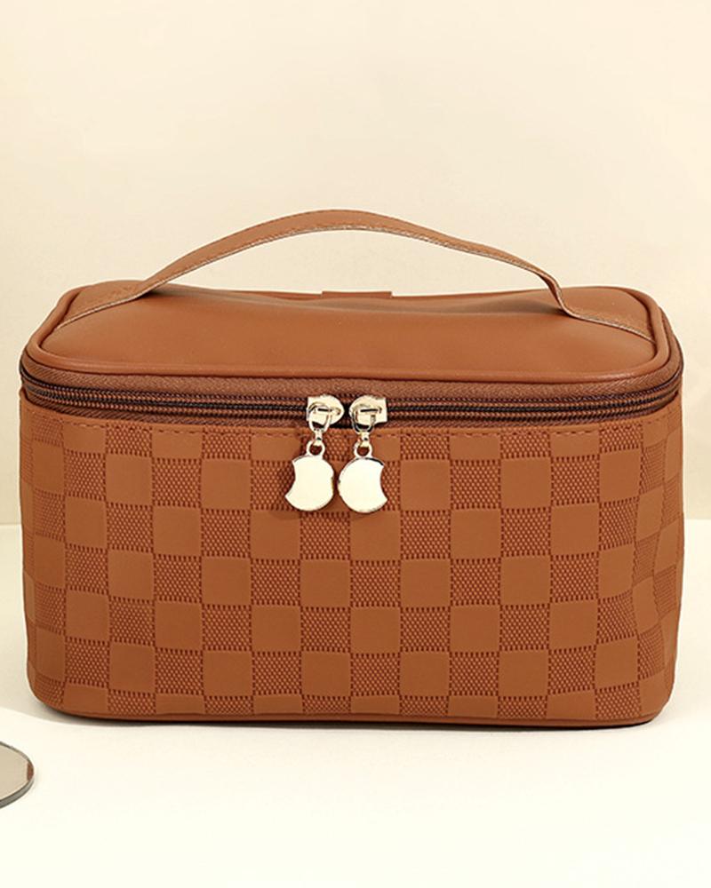 

Plaid Large Capacity Waterproof Travel Cosmetic Case Organizer Opens Flat Makeup Bag Toiletry Bag, Brown