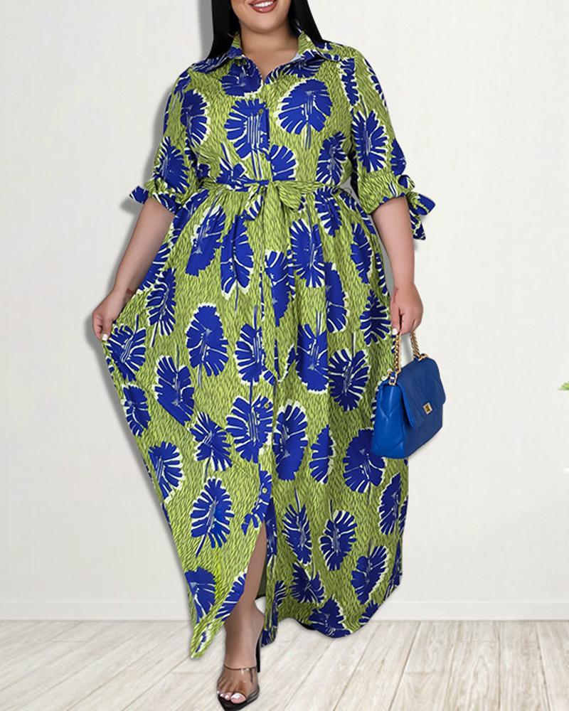 

Plus Size Tropical Print Button Front Shirt Dress, Green
