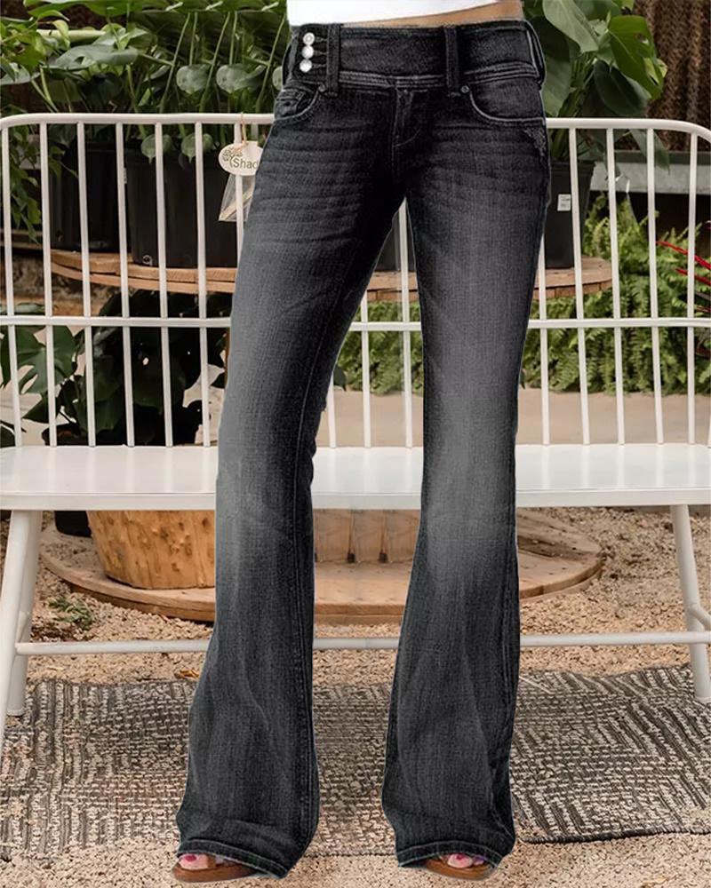 

Vintage Button Side Design Flared Leg Jeans, Black