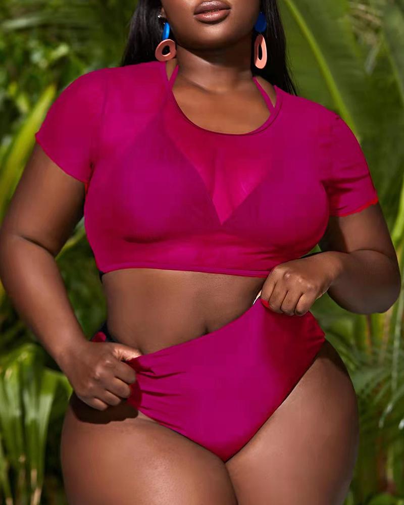

3PCS Plus Size Halter Bikini Set With Cover Up Top, Hot pink