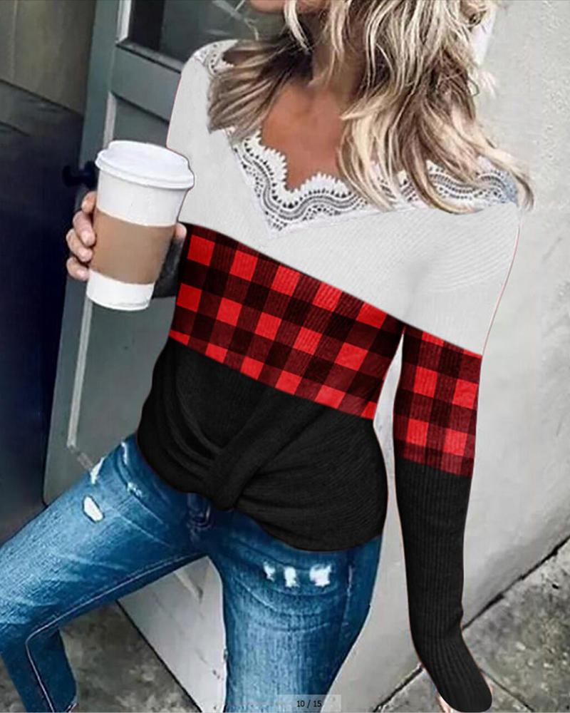 

Lace Trim Plaid Print Colorblock Twist Decor Top, Red