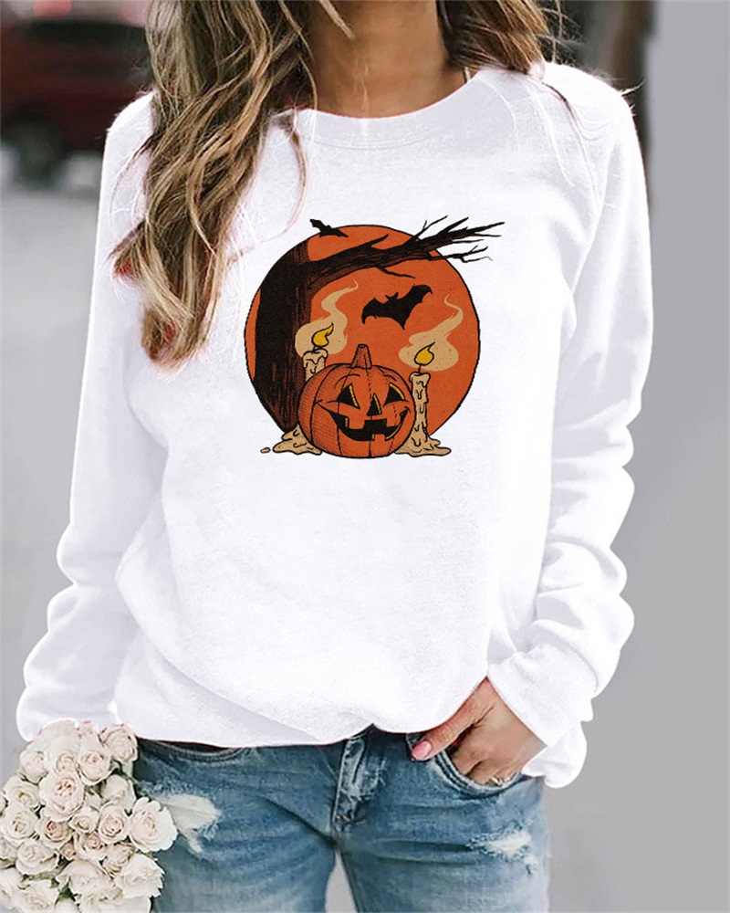 

Plus Size Halloween Graphic Print Long Sleeve Top, White